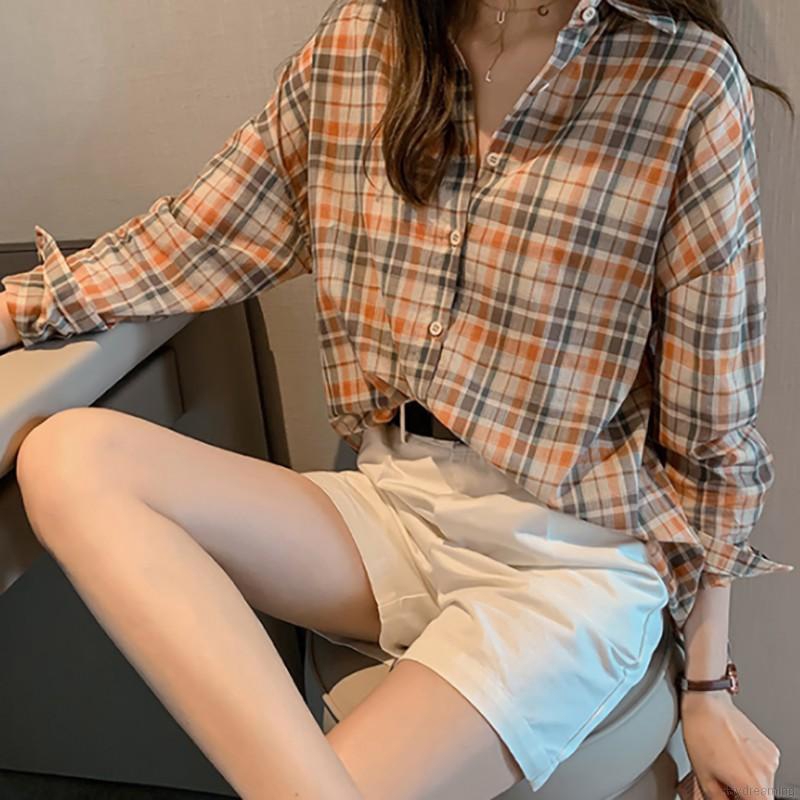 Women Plaid Print Lapel Shirt Loose Single-breasted Long Sleeve Blouse | BigBuy360 - bigbuy360.vn