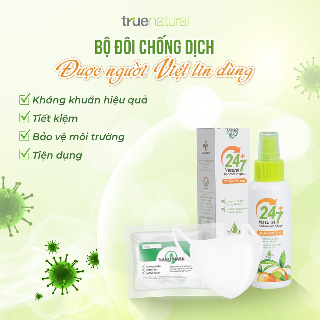 Xịt Rửa Tay Khô Khử Khuẩn Đa Năng Lá Xoài - Nano Bạc True Natural 24/7