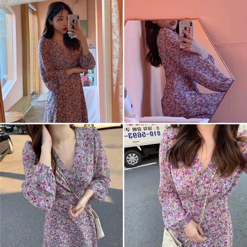 Váy hoa nhí vintage cổ chéo dài tay Ulzzang VKE 9101 🌸 Hàng Quảng Châu(ảnh cuối shop tự chụp) | BigBuy360 - bigbuy360.vn
