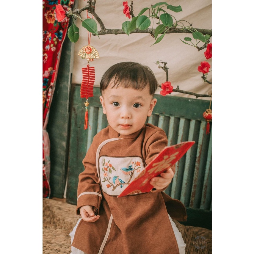 Áo Dài Bé Trai Vải Nhung Mềm Hình Thêu Trước Ngực Màu Vintage Siêu Đẹp 2022 Cho Bé Từ 1-10 Tuổi