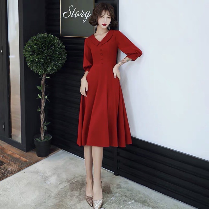 Váy Đầm Maxi đỏ cổ sen nút bọc Neppy Fashion