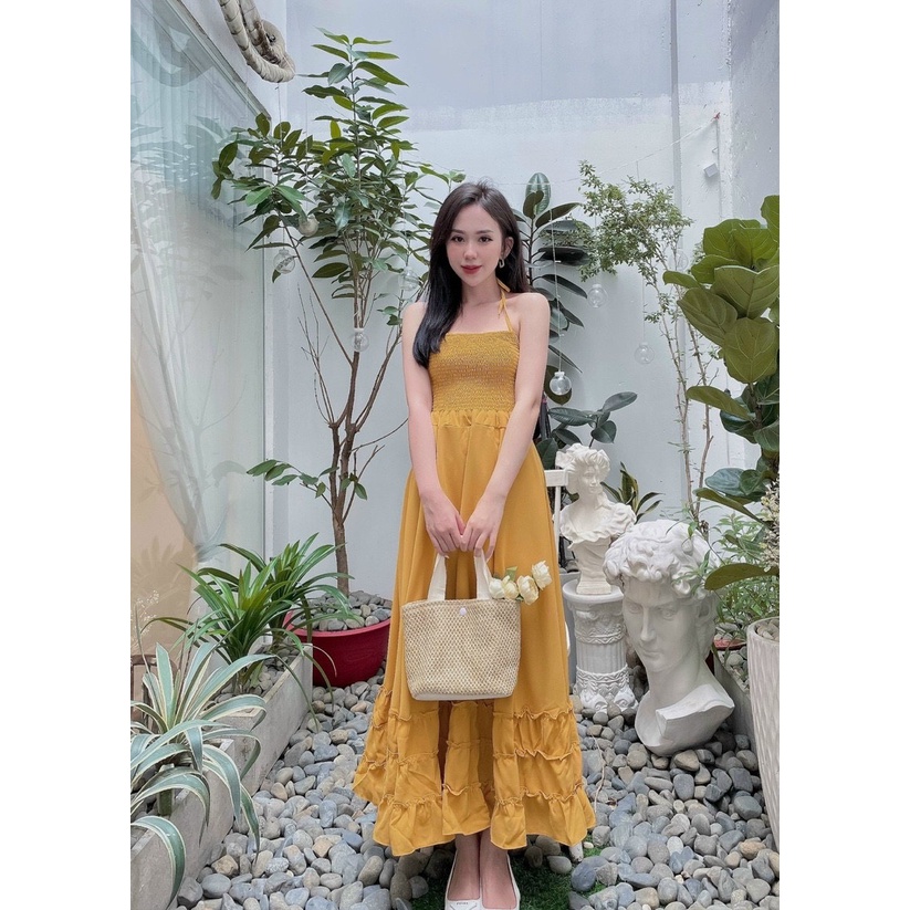 [HÌNH THẬT] Đầm maxi đi biển màu vàng nhún ngực hở lưng hot trend - MIXIZ HOUSE