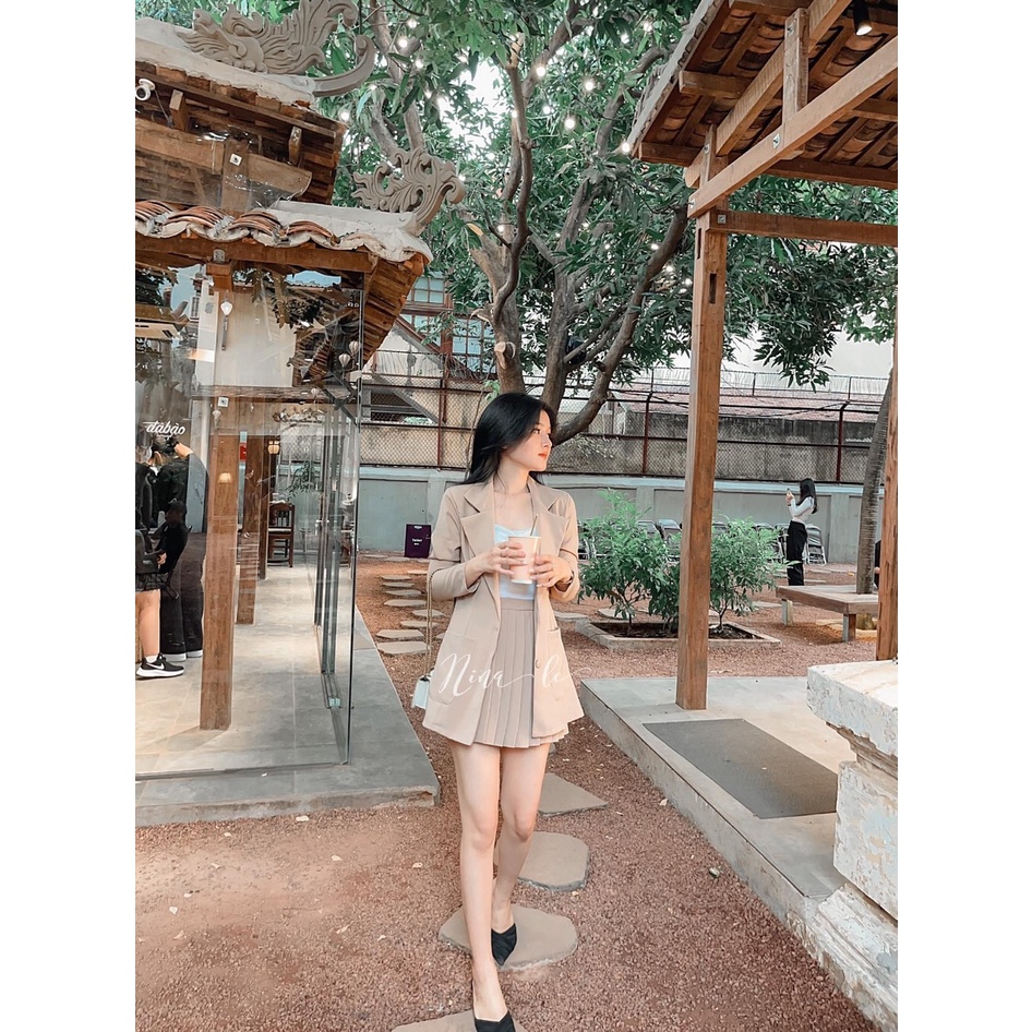Sét váy nữ 3 món áo vest ngoài lot trong 2 dây mix chân váy dập ly trẻ trung, sang chảnh thời trang nữ cho nàng công sở