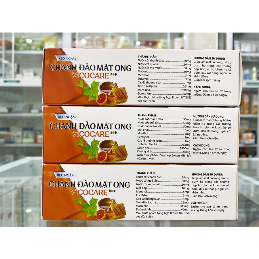 Kẹo ngậm Chanh Đào Mật Ong Vicocare hộp 24 viên giúp giảm ho gió, ho khan, ho đờm, đau rát họng, ngứa cổ, khản tiếng