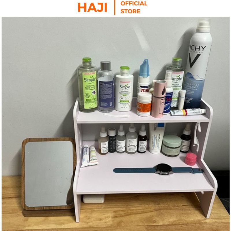 Kệ mỹ phẩm 2 tầng để bàn nhỏ gọn, Giá để mỹ phẩm mini HAJI hoạ tiết xinh xắn cho góc phòng thêm hiện đại thanh lịch D408
