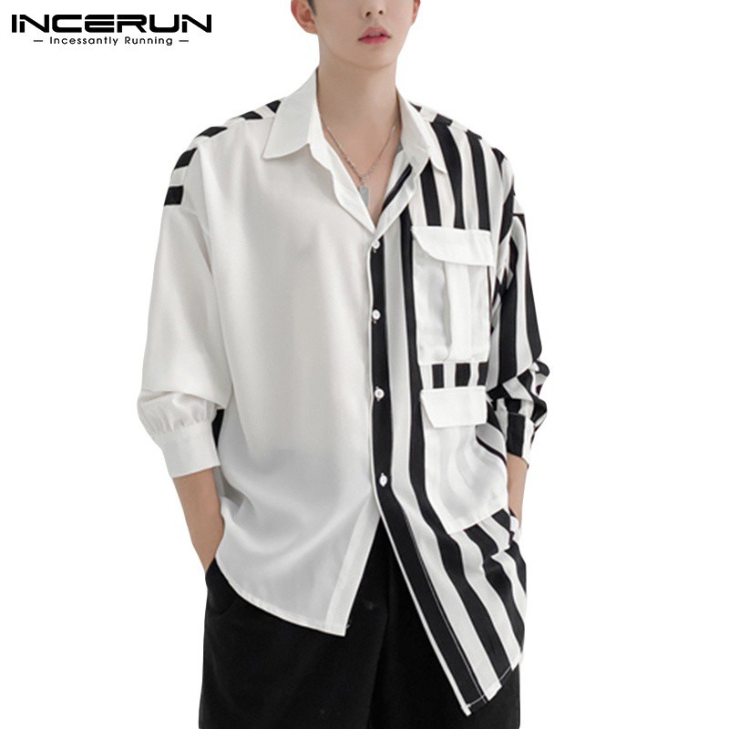 Áo Sơ Mi INCERUN Tay Dài Họa Tiết Kẻ Sọc Phối Màu Trắng Đen Thời Trang Cho Nam
