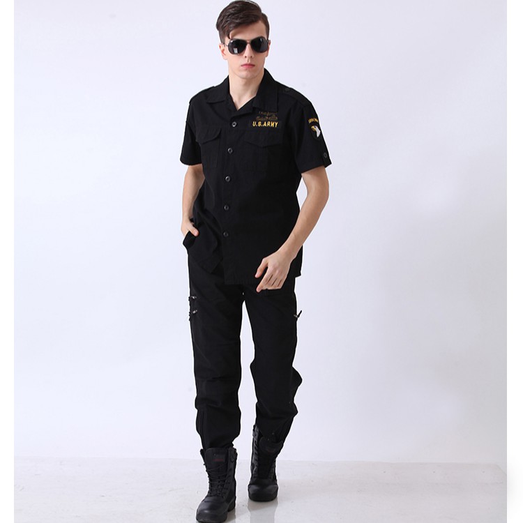Bộ quần áo ngắn tay  nam kaki lính Mỹ - hàng cao cấp (đen) + Tặng thắt lưng vải lính (xanh/đen) | BigBuy360 - bigbuy360.vn