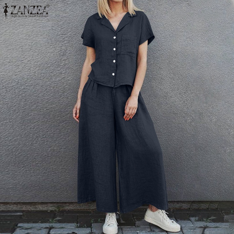 Set ZANZEA áo thun ngắn tay + quần dài ống rộng thời trang nữ