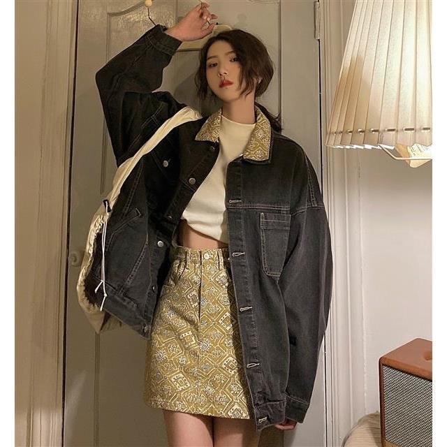 Áo khoác jean dạ nữ dài tay Cổ áo POLO màu đen Cảm giác thiết kế ngọt ngào mỏng Thời trang vintage
