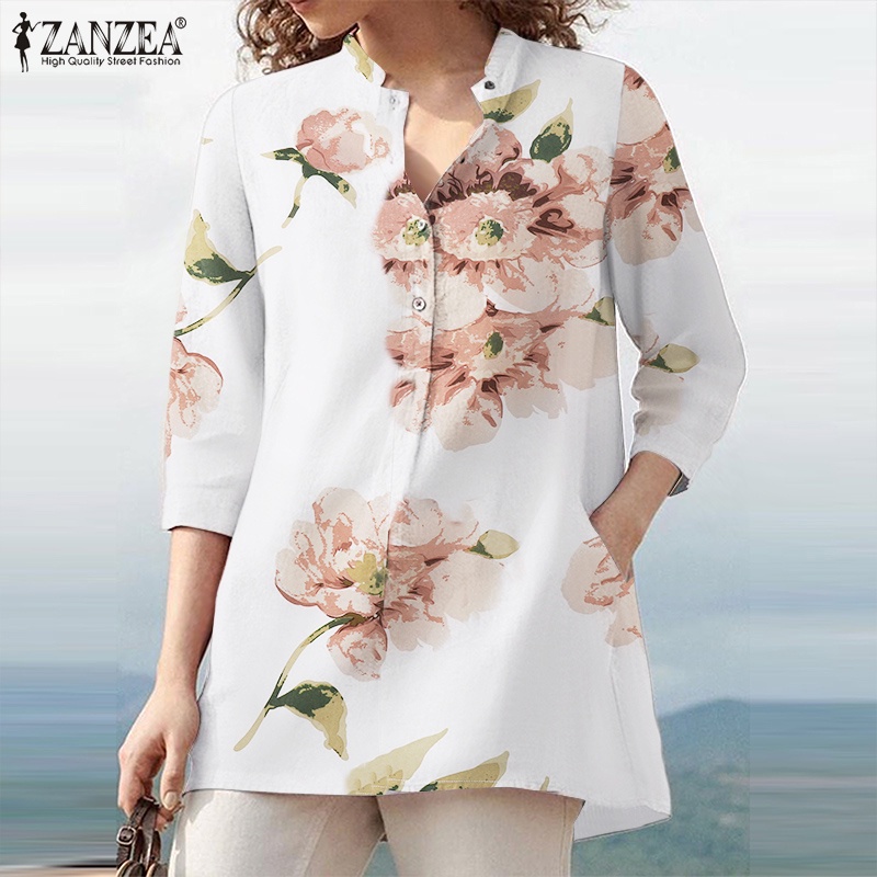 Áo sơ mi ZANZEA tay dài 3/4 dáng rộng cài khuy in hoa phong cách retro thời trang cho nữ