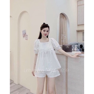 Set đồ bộ nữ áo kiểu dễ thương phối quần có lưng thun phía sau