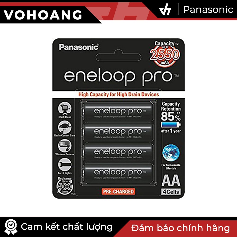 Bộ 4 pin sạc AA Panasonic Eneloop PRO 2550mAh JAPAN (Đen)