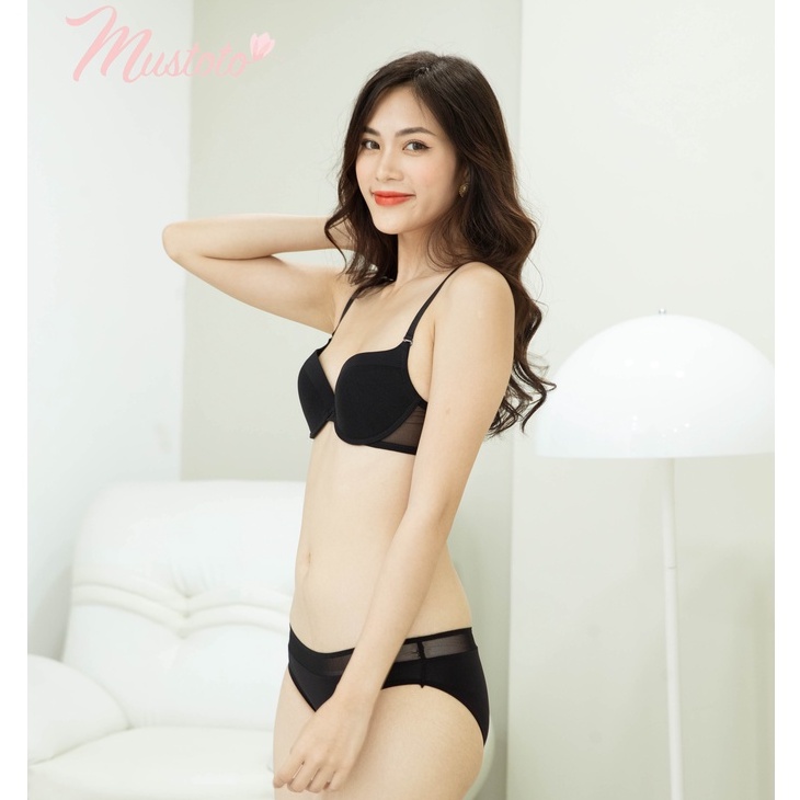 Bộ Đồ Lót Nữ Trơn Phối Lưới Có Gọng Mút Mỏng Thoải Mái Màu Đen (Mustoto MA43 MQ45)