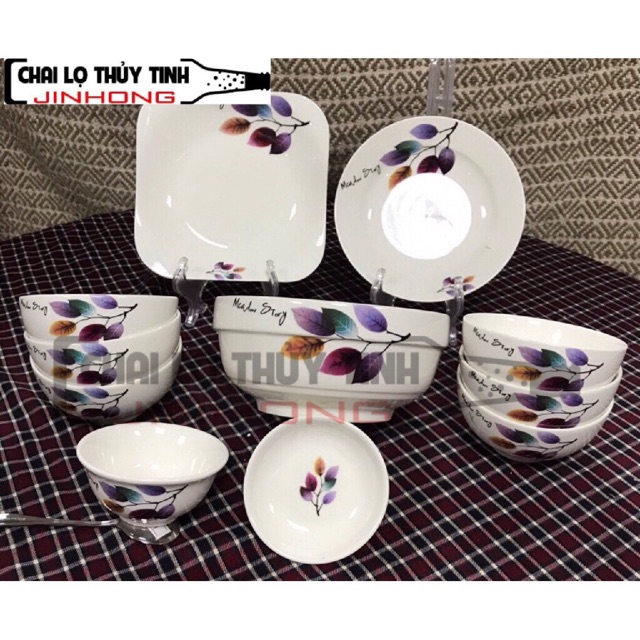 BỘ CHÉN BÁT 11 MÓN- IN HOA VĂN NỔI HÌNH LÁ