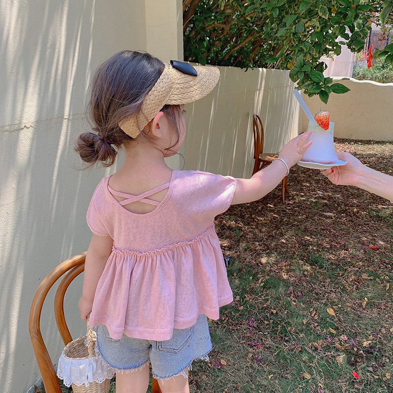 Áo thun tay ngắn phối dây chéo sau lưng phong cách Hàn Quốc thời trang xinh xắn cho bé gái