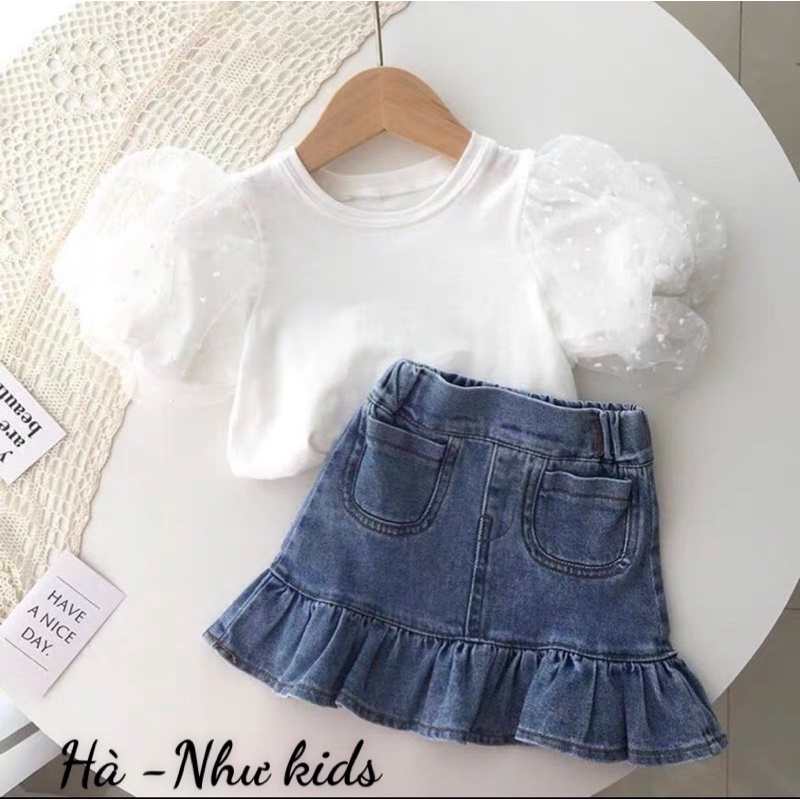 Set chân váy jeans áo tay bồng xinh xắn cho bé gái - SCVJTB