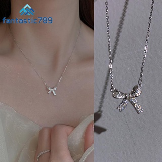 Vòng cổ Mạ Bạc 925 Mặt Hình Nơ Đính Đá Pha Lê Xinh Xắn Cho Nữ Fantastic789