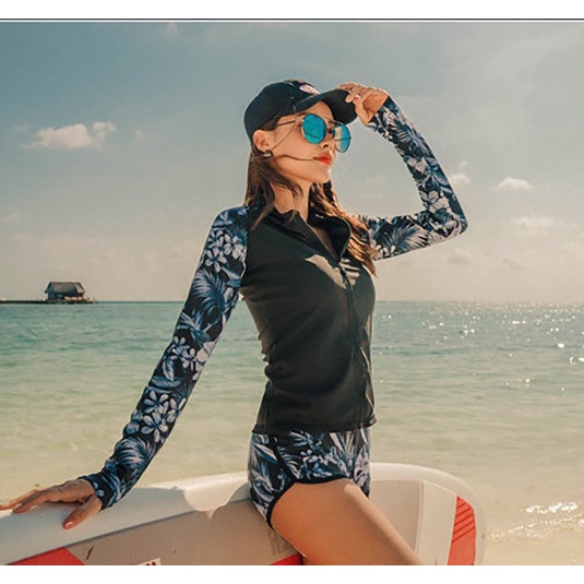 Bộ đồ bơi nữ dài tay kéo khóa thể thao phong cách Hàn