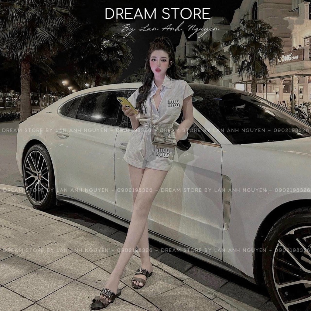 Sét Bộ Thời Trang Nữ Đi Chơi- Sét Bộ Thun Gân Đùi Sọc Thêu Chữ Miumiu Cổ Sơ Mi Mix Quần Đùi Có Lưng Bản
