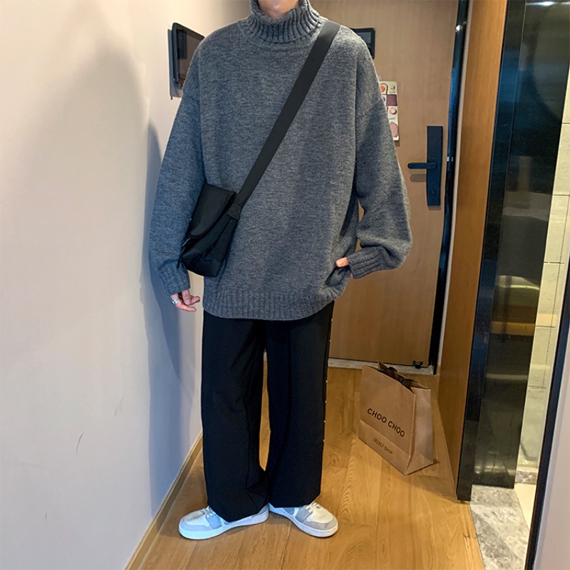 Áo sweater dệt kim dày dáng rộng tay dài cổ lọ màu trơn phong cách Hàn Quốc retro mùa đông cho nam