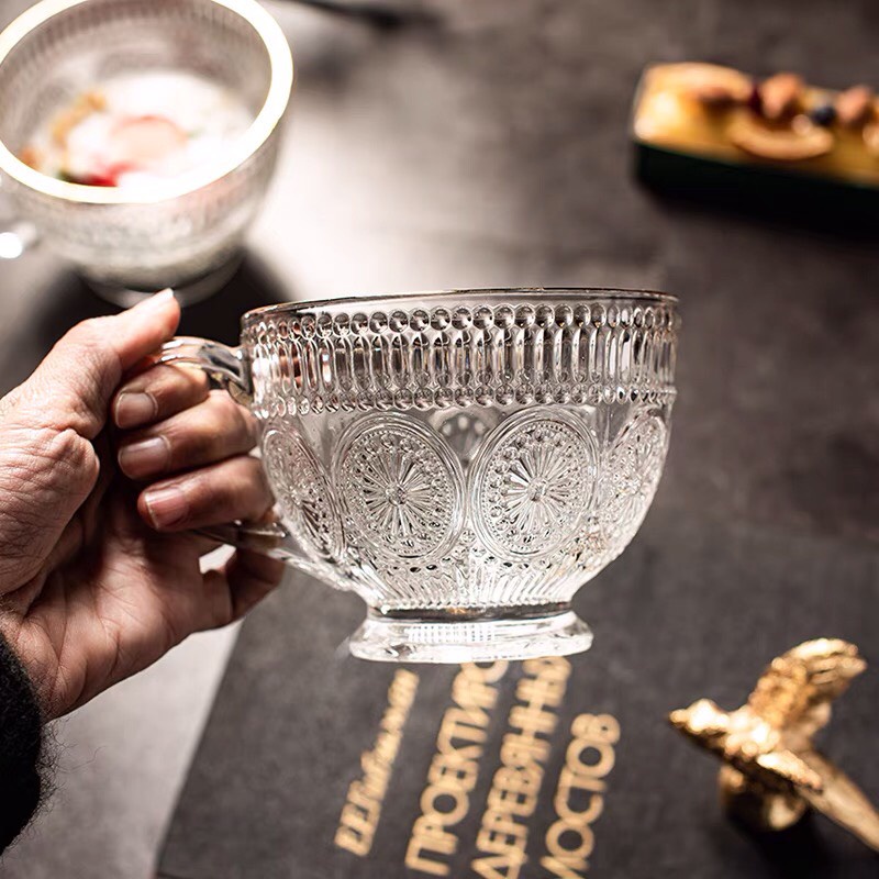 Cốc thuỷ tinh khắc hình hoa hướng dương vintage dùng uống nước trà cafe decor trang trí ly thuỷ tinh giá rẻ MinHome CTT5