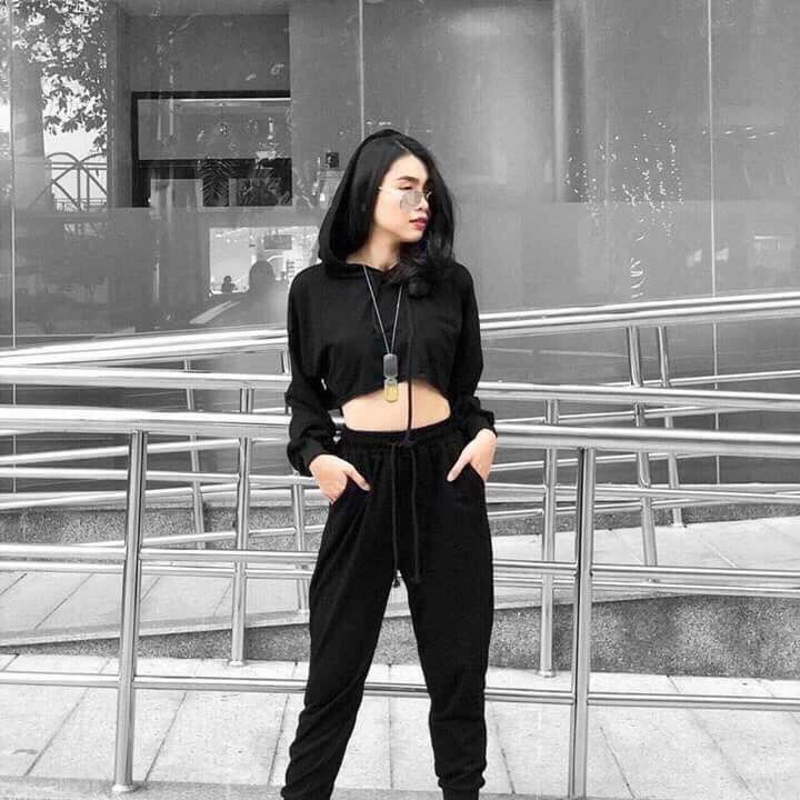 166B1 Set bộ thể thao áo croptop tay phồng và quần nỉ jogger siêu cá tính sporty girl