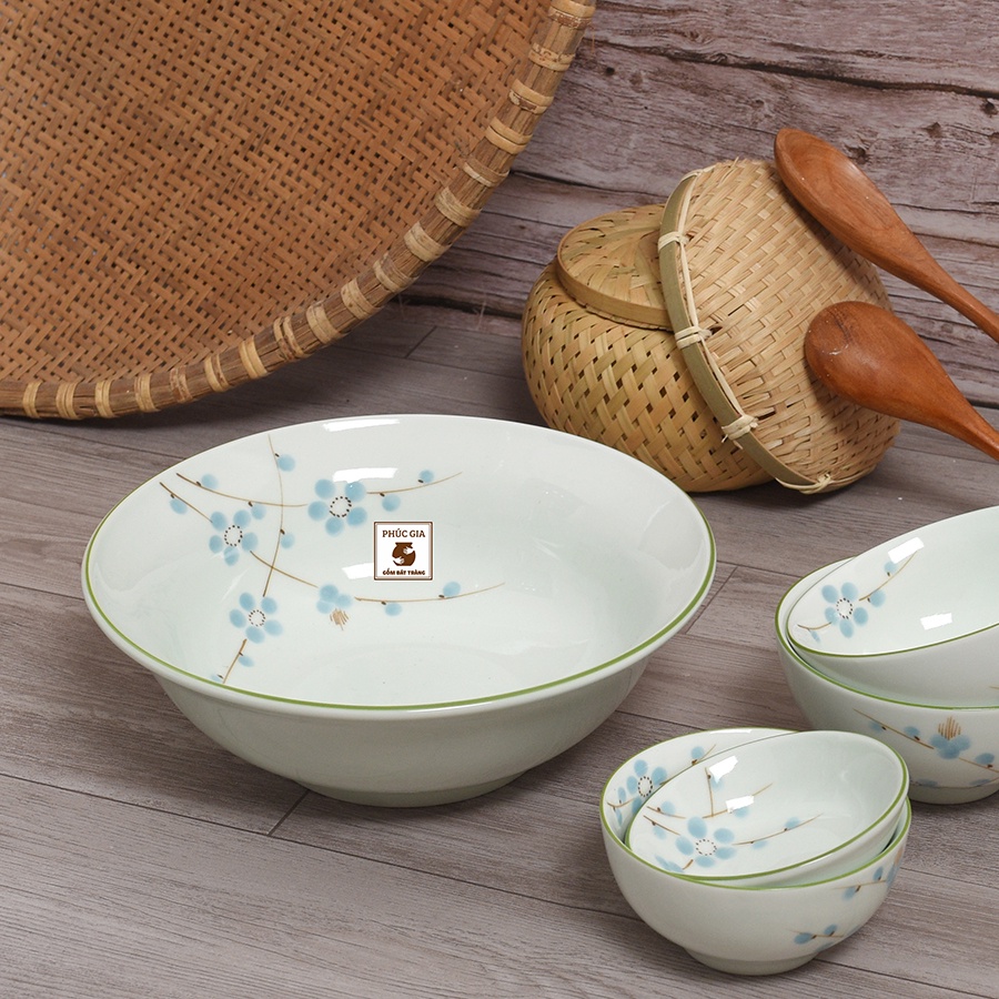 Bộ bát đĩa hoa mặt trời hoạ tiết Mai xanh, Gốm sứ Bát tràng cao cấp, Thuyền ngự gà mai vàng sz chuẩn dk 45cm