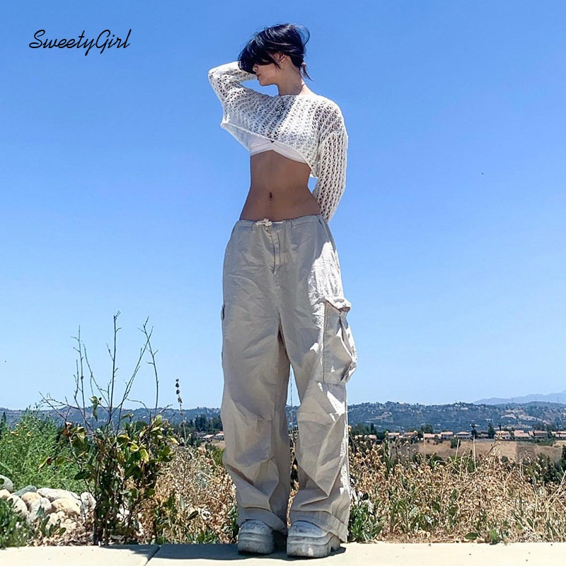 Quần ống rộng Lưng Thấp Màu Trắng Trơn Thời Trang 2022 Dành Cho Nữ