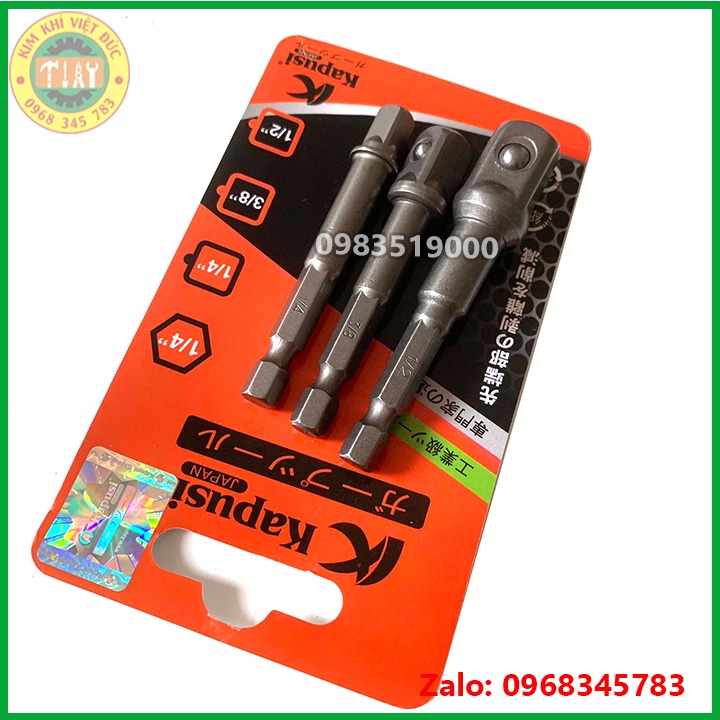 Bộ 3 đầu chuyển vặn khẩu Kapusi JAPAN chuôi lục giác cho máy khoan điện, khoan pin cỡ 1/2 - 3/8 - 1/4 thép cứng siêu bền