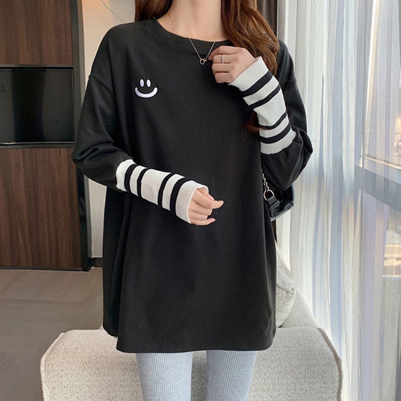 IELGYÁo Thun cotton Dáng Rộng Màu Trắng Thêu Hình Mặt Cười Đa Năng