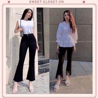 Quần ống loe lưng cao nữ, quần dài ống rộng chất jean, phối voan gấu, màu đen, co giãn 4 chiều, siêu hack dáng