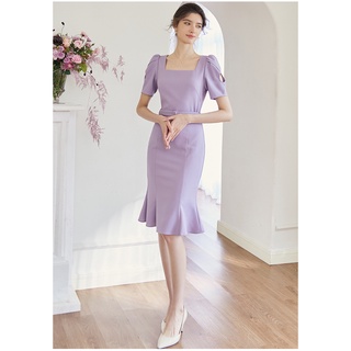 Đầm thiết kế đuôi cá cổ vuông tay ngắn màu tím khoai môn