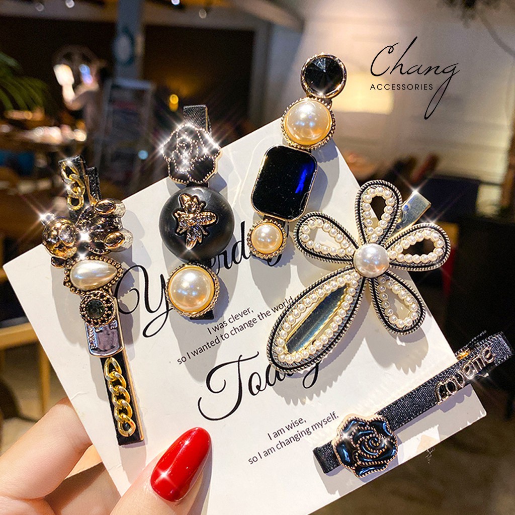 Set 5 Kẹp Tóc Đính Ngọc Đơn Giản Sang Trọng - ￼Set Kẹp Tóc Hoa Đen 5 Chi Tiết