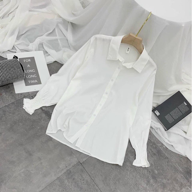 Áo sơ mi nữ đi học form rộng tay dài kiểu dáng hàn màu trắng tay phồng - Sơ mi nữ dài tay bigsize đẹp mặc đi làm công sở