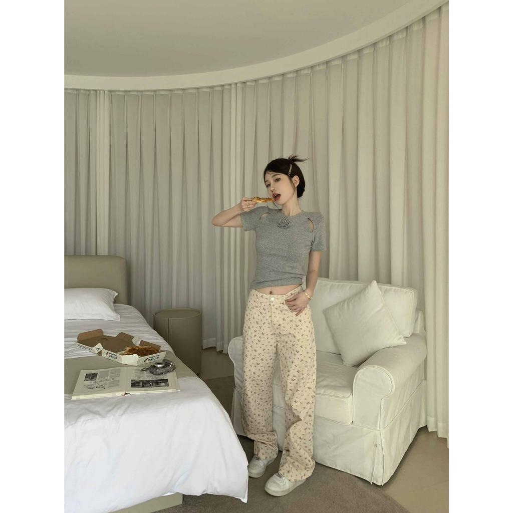 Cocory vn Set Áo Thun Ngắn Tay Hở Rốn + Quần Dài In Họa Tiết Thời Trang Mùa Hè Cho Nữ