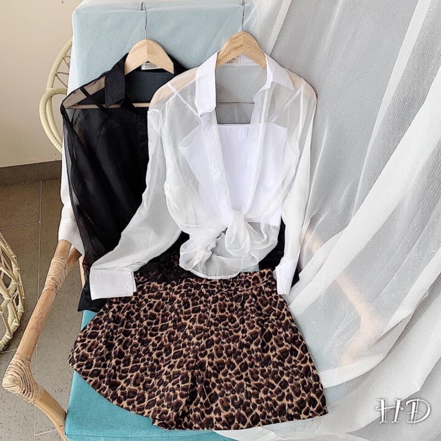 Set 3 Món Áo Hai Dây + Áo Sơ Mi Tơ + Quần Short Da Beo , Set Bộ Sơ Mi Voan 3 Món