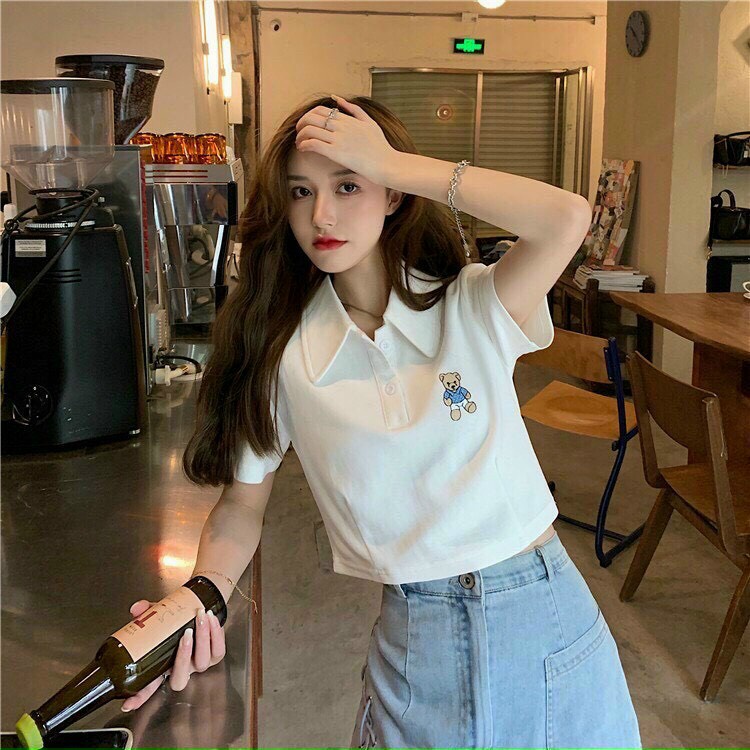 ÁO CROPTOP NỮ CỔ POLO PHỐI CON GẤU MÀU ĐEN MÀU TRẮNG SIÊU MÁT MẺ CỰC PHONG CÁCH BABO HOT HIT THỜI TRANG