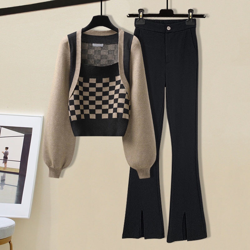 Plus Bộ Áo Sweater Dệt Kim Phối Quần Dài Kẻ Sọc Thời Trang Mùa Xuân 2022 Cho Nữ