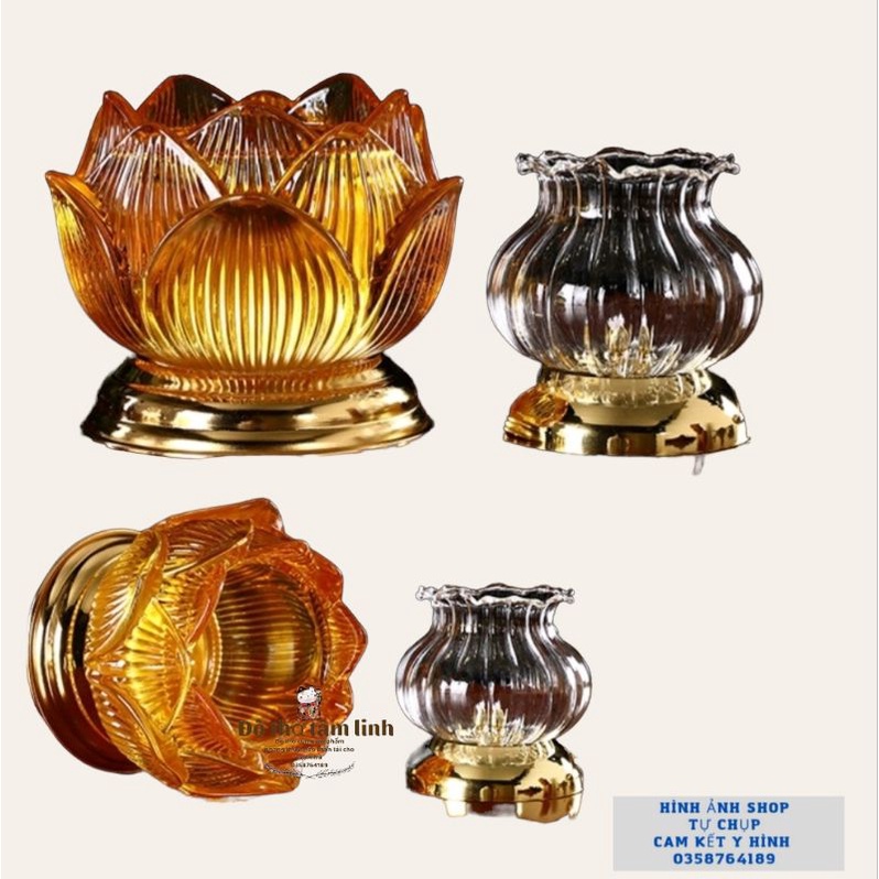 Đèn dầu thờ cúng hoa sen chất liệu pha lê chân đồng 3 size 2 màu vàng,trắng