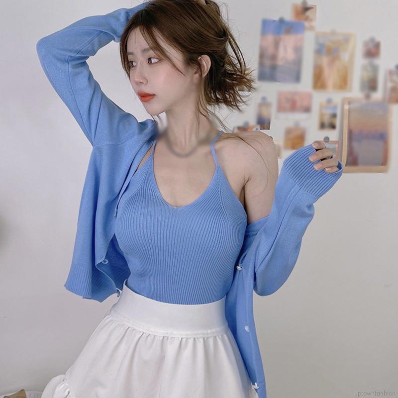 Set Áo Cardigan Dệt Kim + Áo Hai Dây Phong Cách Hàn Quốc Thanh Lịch Cho Nữ