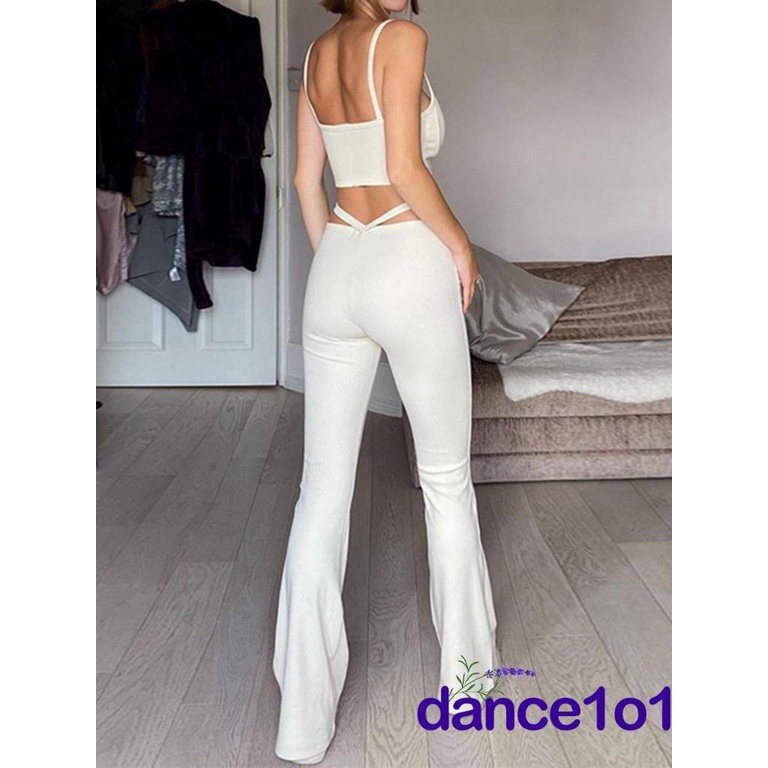 ☌KK✭Women Tanks Tops + Long Flared Pants, Hollow Waist Trim Skinny Fit Solid Color Summer Clothing