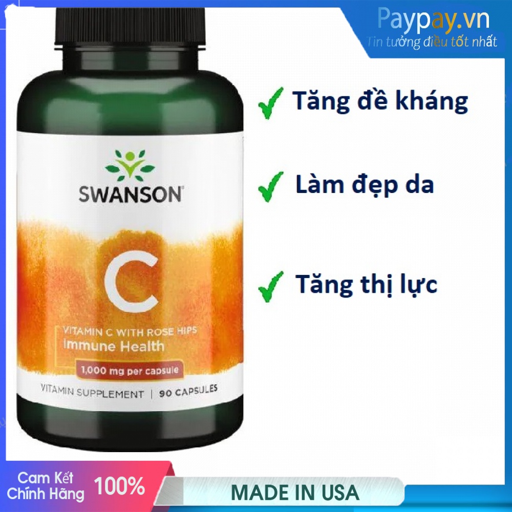 Tăng đề kháng cho cơ thể Swanson Vitamin C with Rose Hips 1000mg 90 Viên