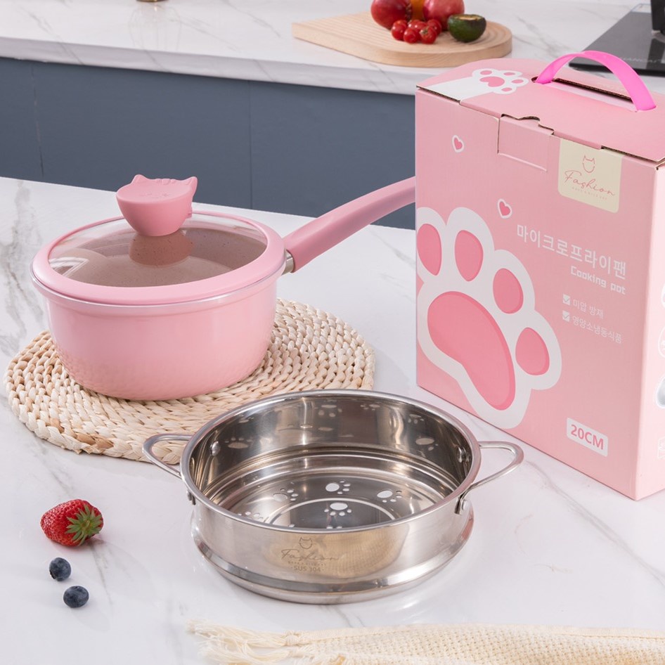 Bộ Nồi Đá Chống Dính FASHION BABY CAT Cao Cấp Size 20cm Cho Bé Ăn Dặm Kèm Xửng Hấp Và Quà Tặng