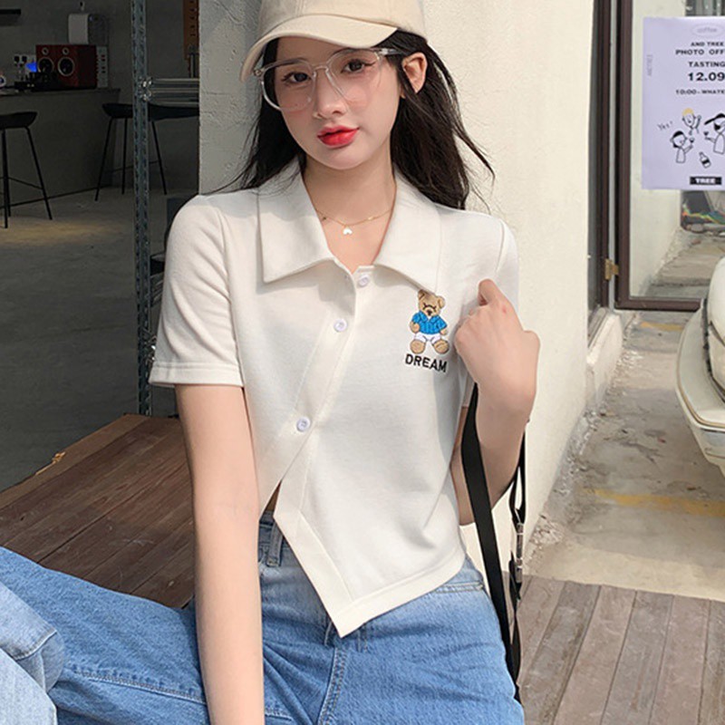 Áo croptop nữ polo đính cúc cách điệu vạt chéo cực xinh