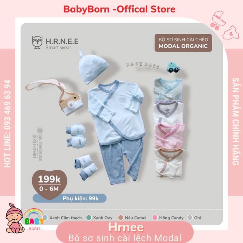 Bộ sơ sinh dài cài lệch Hrnee tích hợp bao tay lật chất Modal (sợi sồi hữu cơ) mềm mịn