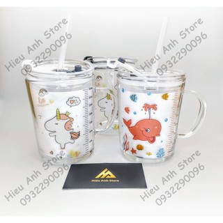 Cốc pha sữa thủy tinh cao cấp chịu nhiệt có chia vạch ml tặng kèm ống hút silicon