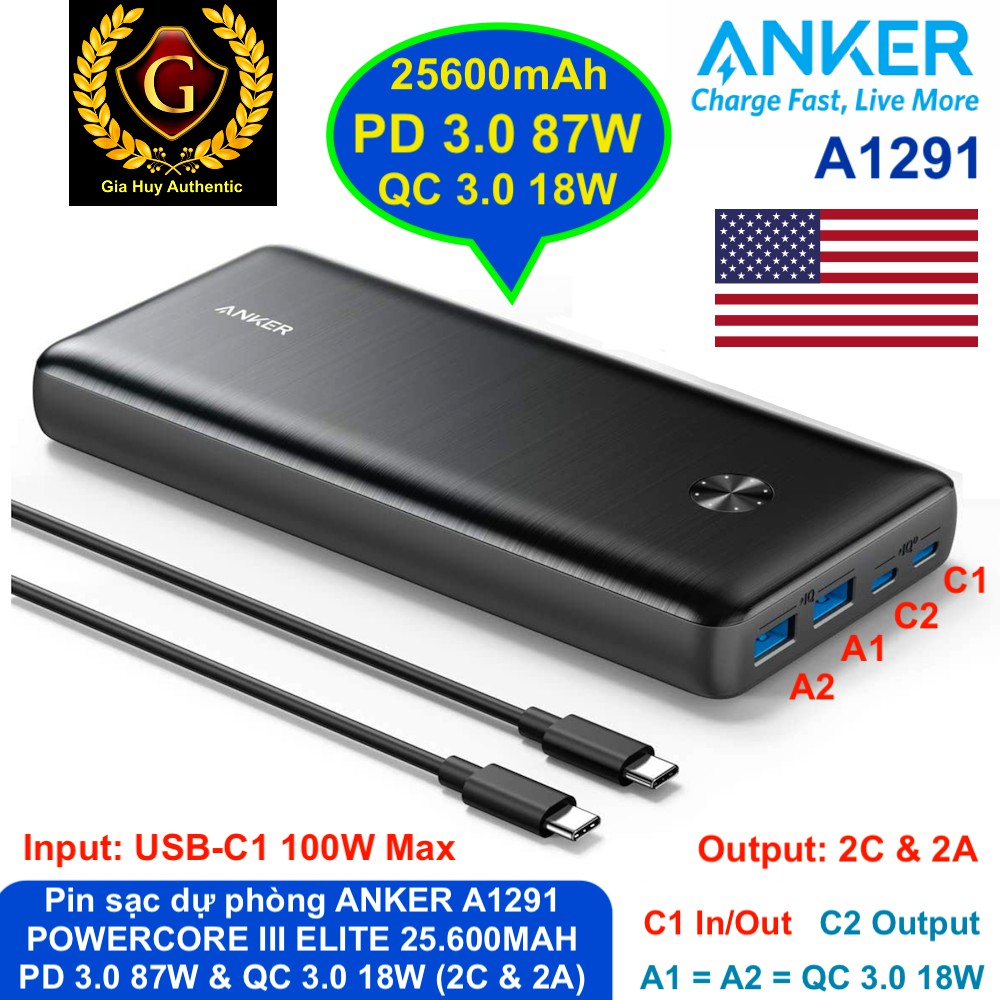 Pin sạc dự phòng Macbook Pro, iPad Pro, iPhone 12 series ANKER A1291 PowerCore III Elite 25600mAh PD 3.0 87W (2C - 2A)