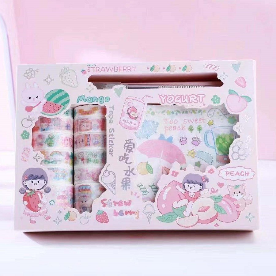 Hộp 23 món băng dính washi tape + sticker nhiều hình cute dễ thương dùng trang trí album sổ lưu niệm CREAMY WST166