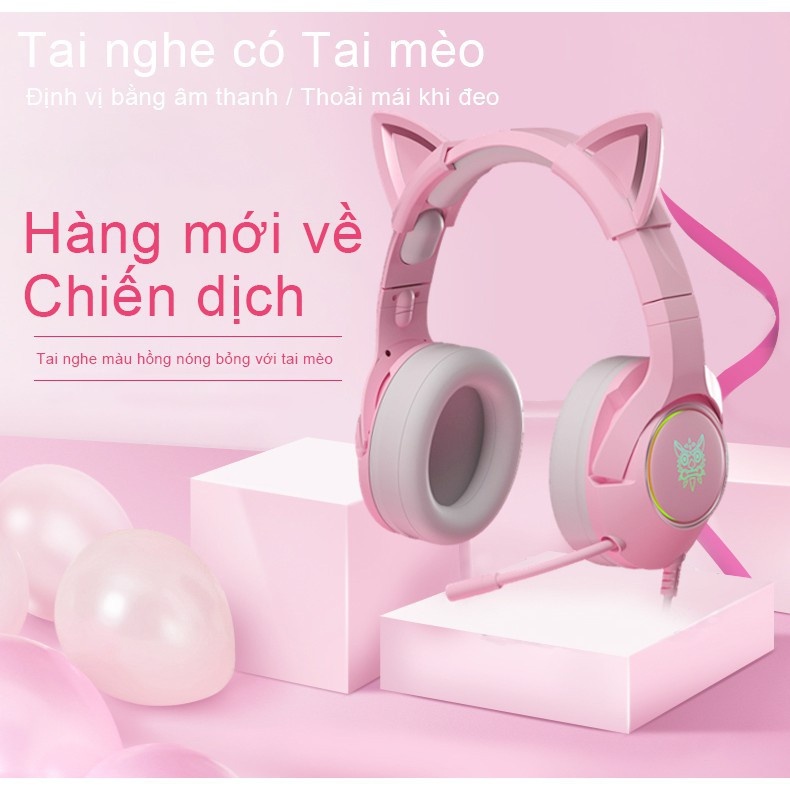 Tai nghe chơi game chụp tai có mic RGB Gaming màu hồng tai mèo ONIKUMA K9 cho điện thoại/ máy tính xách tay/ Laptop/ PC