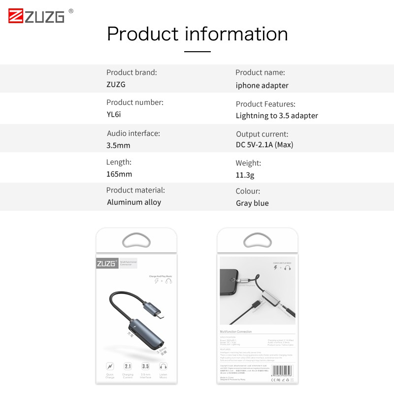 Jack chuyển Lightning to Lightning + 3.5mm - YL6i Chính hãng ZUZGVN
